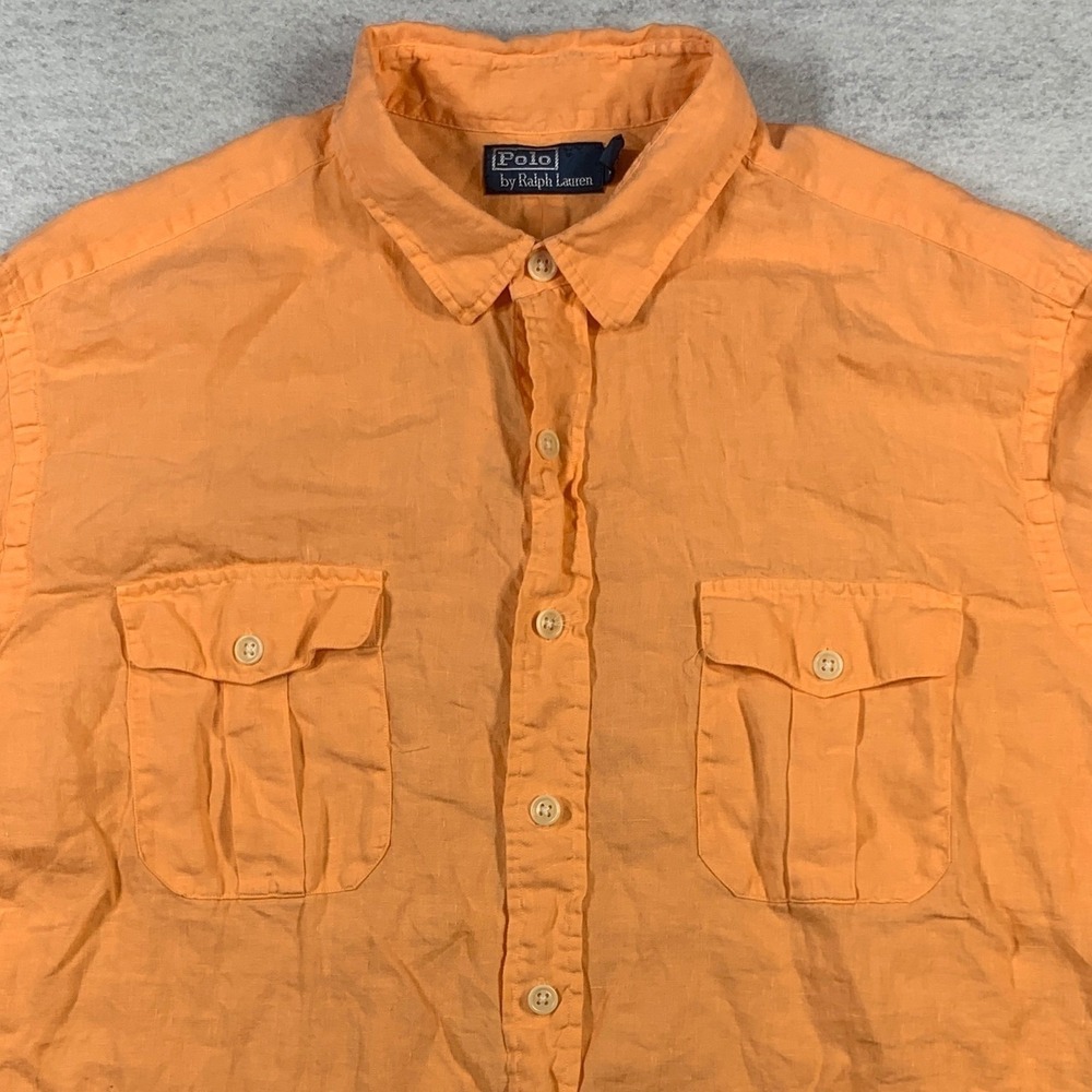 Polo Ralph Lauren Shirt Mens XXL Orange 100% Linen Button Up Long Sleeve Pockets - Picture 4 of 10